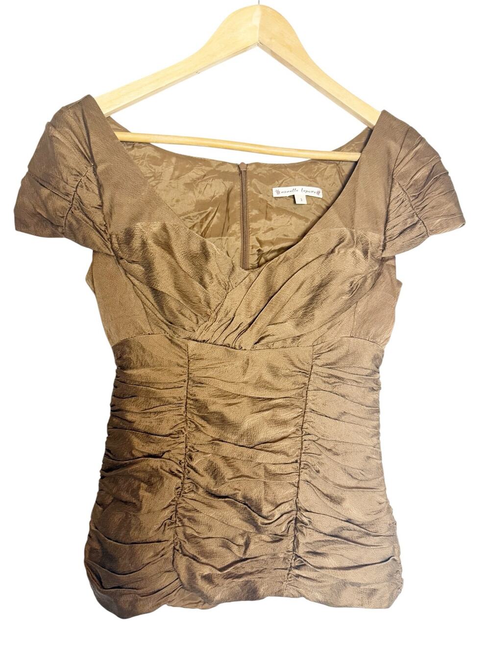 Nanette Lepore Bronze Brown Ruched Fitted Cap Sleeve Portrait V-Neck Silk Top 2